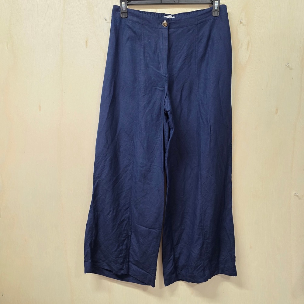 LOFT Navy Blue Linen Blend Wide Leg Crop Pants Size 8 Elastic Back Waist